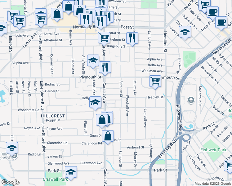 map of restaurants, bars, coffee shops, grocery stores, and more near 4826 Elizabeth Terrace in Jacksonville