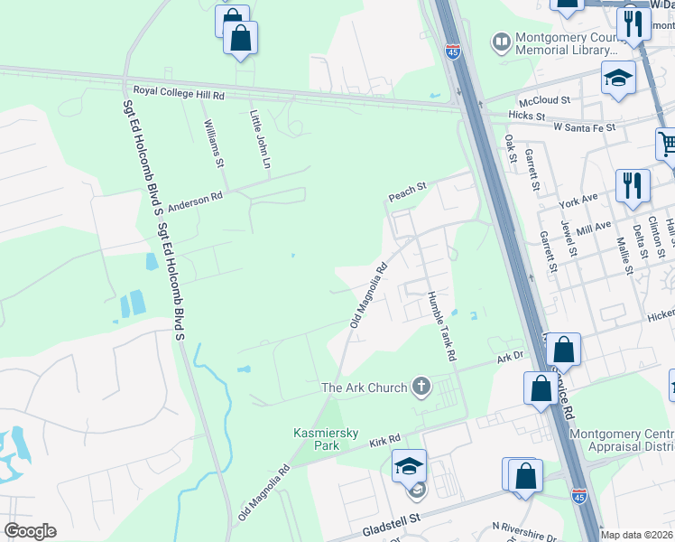 map of restaurants, bars, coffee shops, grocery stores, and more near 1480 Traylor Road in Conroe