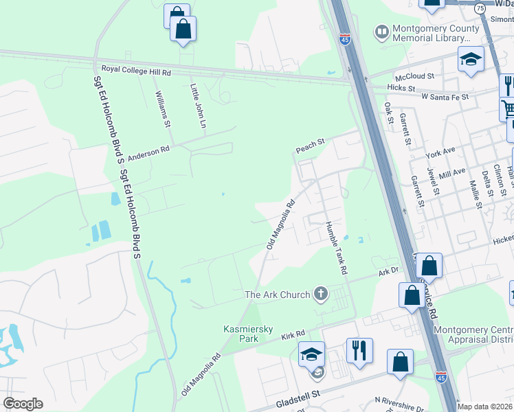 map of restaurants, bars, coffee shops, grocery stores, and more near 1480 Traylor Road in Conroe