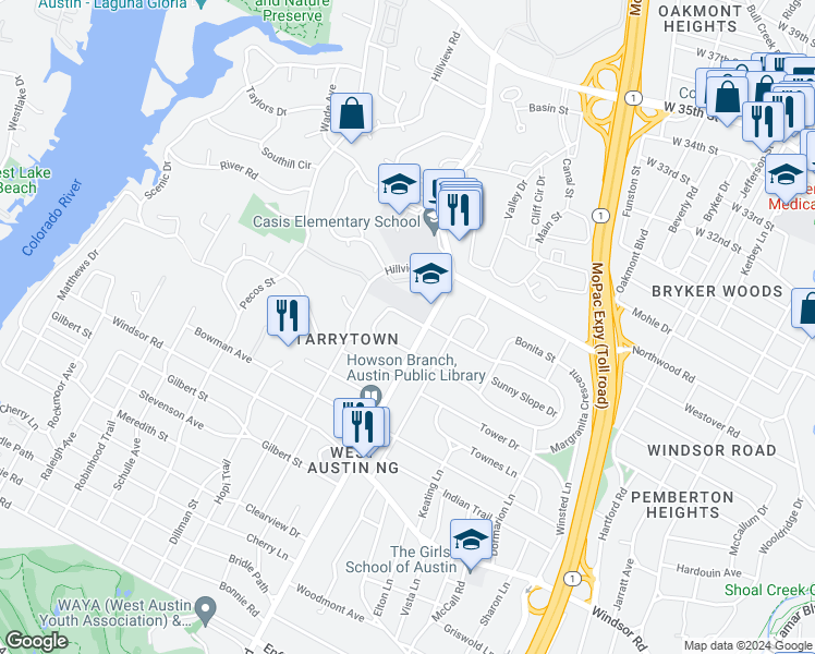 map of restaurants, bars, coffee shops, grocery stores, and more near 2702 McCullough Street in Austin