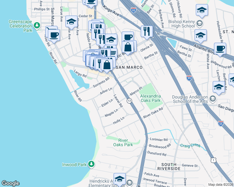 map of restaurants, bars, coffee shops, grocery stores, and more near 2330 Hendricks Avenue in Jacksonville