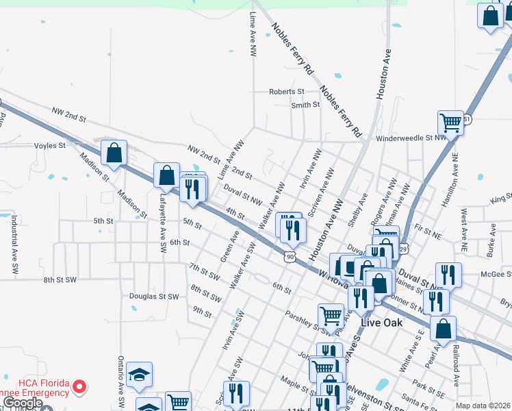 map of restaurants, bars, coffee shops, grocery stores, and more near 713 Duval Street Northwest in Live Oak