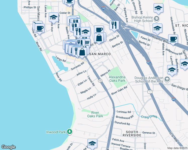 map of restaurants, bars, coffee shops, grocery stores, and more near 2330 Hendricks Avenue in Jacksonville
