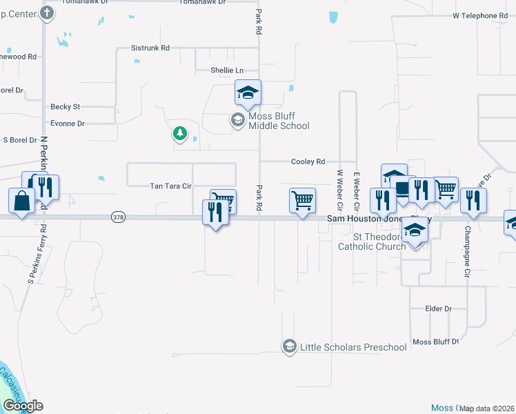 map of restaurants, bars, coffee shops, grocery stores, and more near 140 Park Rd in Lake Charles