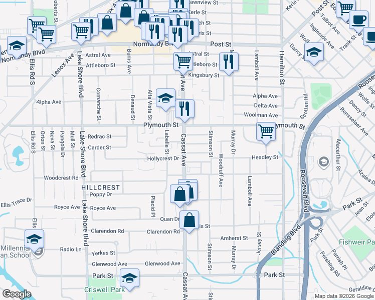map of restaurants, bars, coffee shops, grocery stores, and more near 1249 Cassat Avenue in Jacksonville