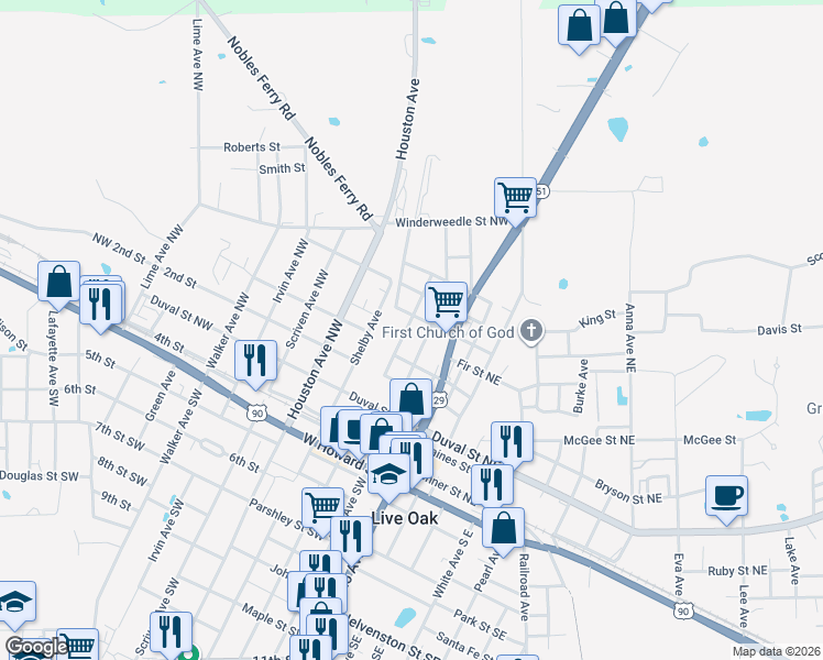 map of restaurants, bars, coffee shops, grocery stores, and more near 600 Rogers Avenue Northwest in Live Oak