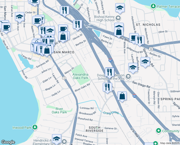 map of restaurants, bars, coffee shops, grocery stores, and more near 2636 Mitchell Place in Jacksonville