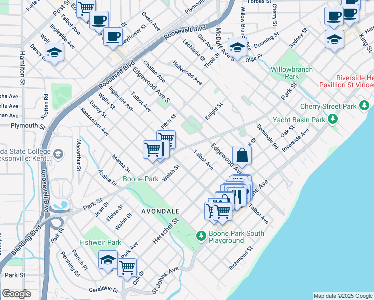 map of restaurants, bars, coffee shops, grocery stores, and more near 3552 Park Street in Jacksonville
