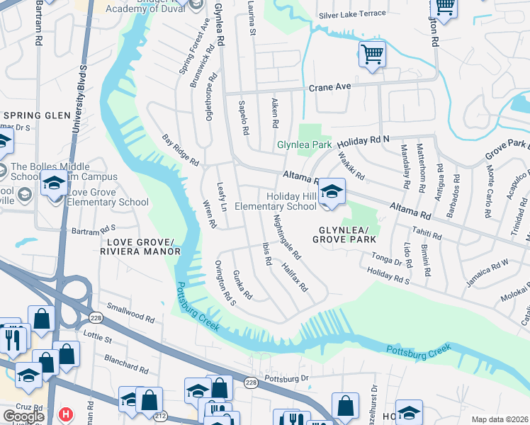 map of restaurants, bars, coffee shops, grocery stores, and more near 838 Ibis Road in Jacksonville