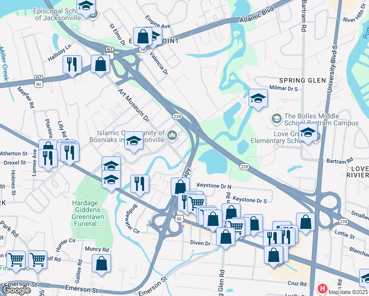 map of restaurants, bars, coffee shops, grocery stores, and more near 2203 Art Museum Drive in Jacksonville
