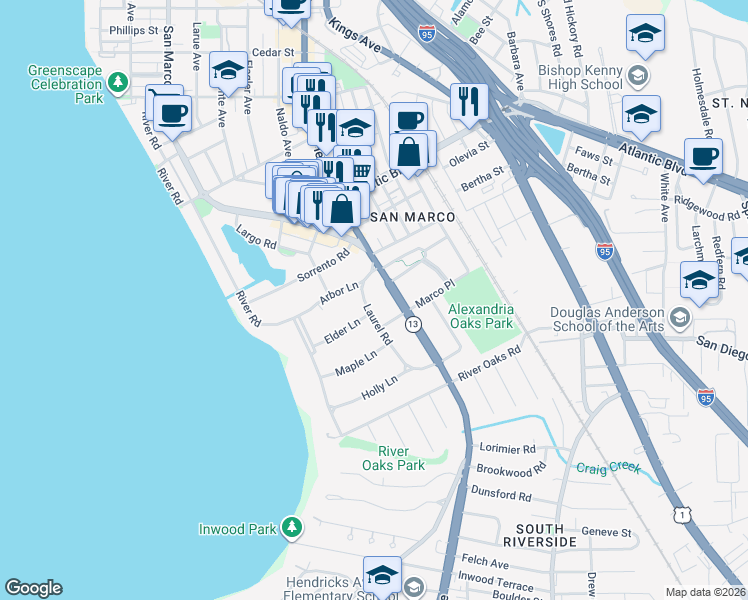 map of restaurants, bars, coffee shops, grocery stores, and more near 2330 Hendricks Avenue in Jacksonville
