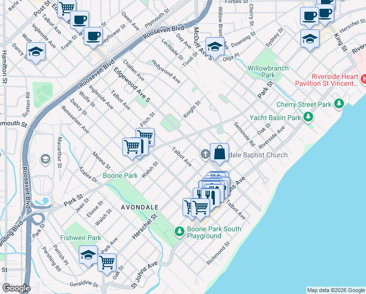 map of restaurants, bars, coffee shops, grocery stores, and more near 3523 Valencia Road in Jacksonville