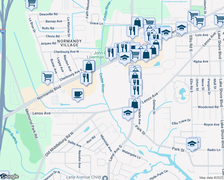 map of restaurants, bars, coffee shops, grocery stores, and more near 6555 Lenox Avenue in Jacksonville