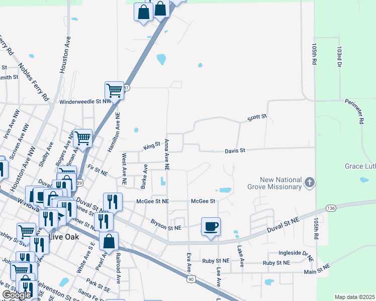 map of restaurants, bars, coffee shops, grocery stores, and more near 943 Davis Street in Live Oak