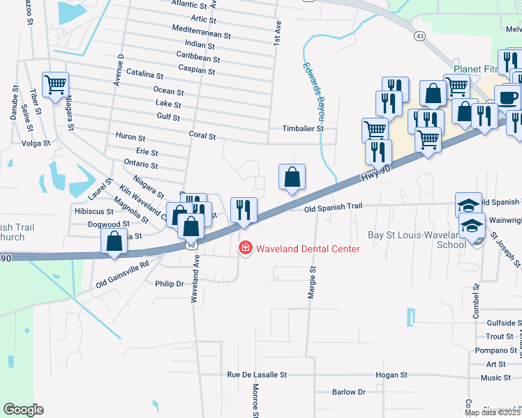 map of restaurants, bars, coffee shops, grocery stores, and more near 616 U.S. 90 in Waveland