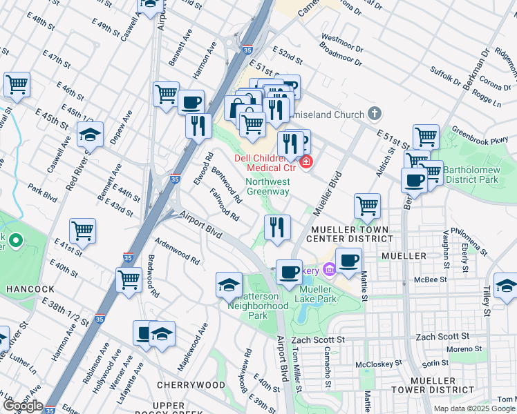 map of restaurants, bars, coffee shops, grocery stores, and more near 1406 Bentwood Road in Austin