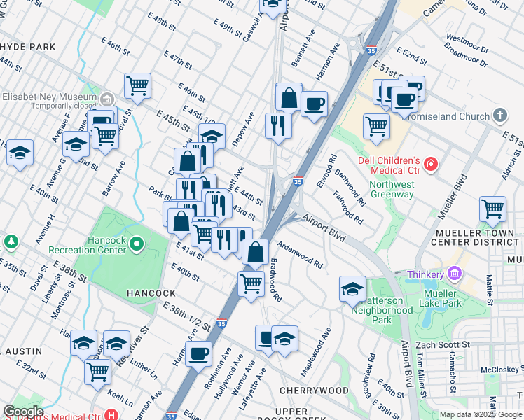 map of restaurants, bars, coffee shops, grocery stores, and more near 1026 East 43rd Street in Austin