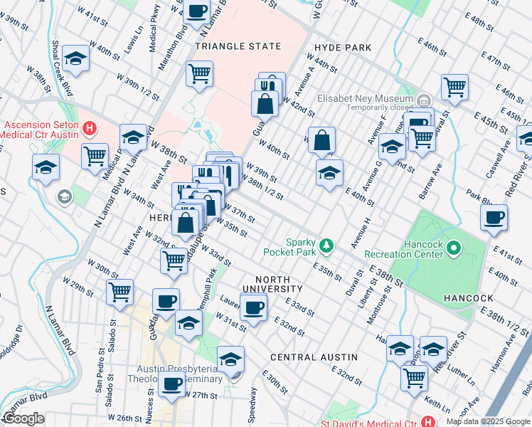 map of restaurants, bars, coffee shops, grocery stores, and more near 305 West 38th Street in Austin