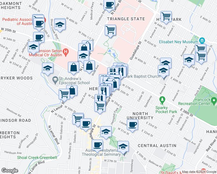 map of restaurants, bars, coffee shops, grocery stores, and more near 610 West 35th Street in Austin
