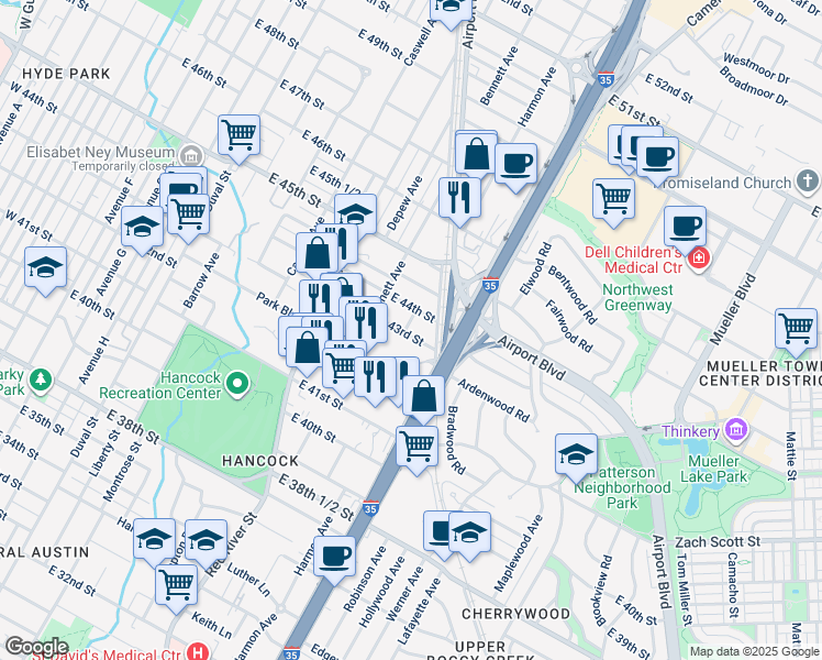 map of restaurants, bars, coffee shops, grocery stores, and more near 1026 East 43rd Street in Austin