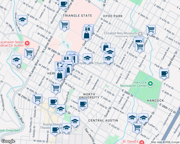 map of restaurants, bars, coffee shops, grocery stores, and more near W 38th St & Home Ln in Austin