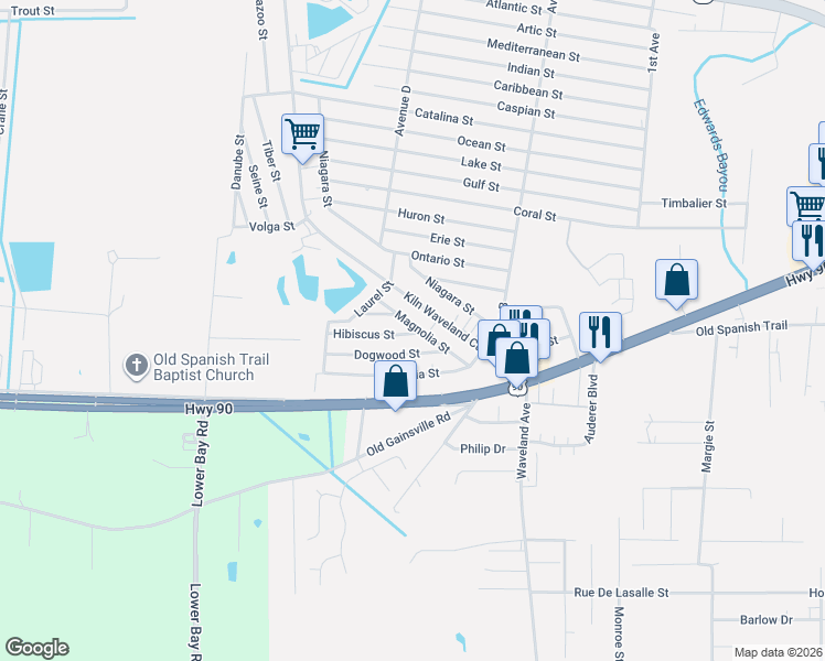 map of restaurants, bars, coffee shops, grocery stores, and more near 2227 Magnolia Street in Waveland