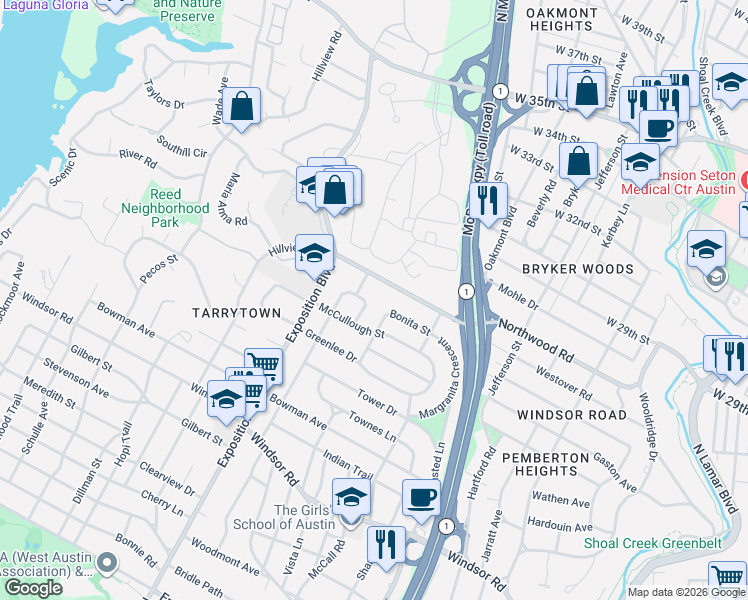 map of restaurants, bars, coffee shops, grocery stores, and more near 2500 Galewood Place in Austin