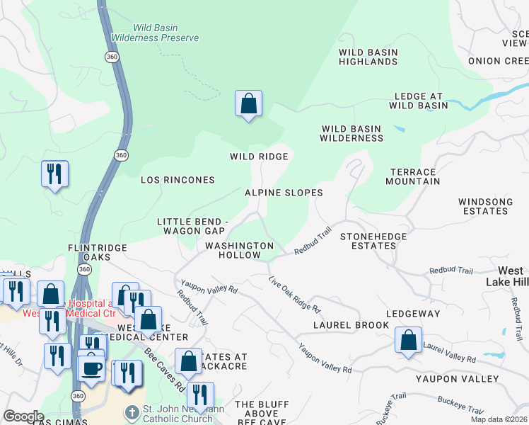 map of restaurants, bars, coffee shops, grocery stores, and more near 1400 Circle Ridge Drive in West Lake Hills