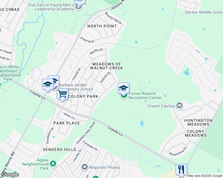 map of restaurants, bars, coffee shops, grocery stores, and more near 7013 Colony Loop Drive in Austin