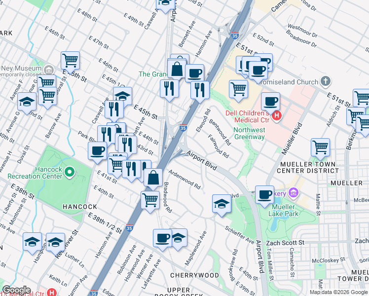 map of restaurants, bars, coffee shops, grocery stores, and more near Airport Blvd & I- 35 Srv Rd N in Austin