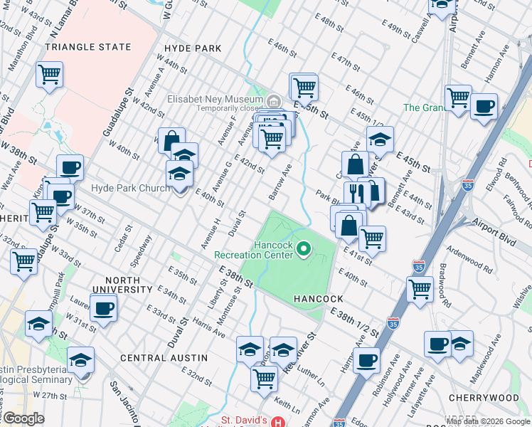 map of restaurants, bars, coffee shops, grocery stores, and more near 4004 Peck Avenue in Austin