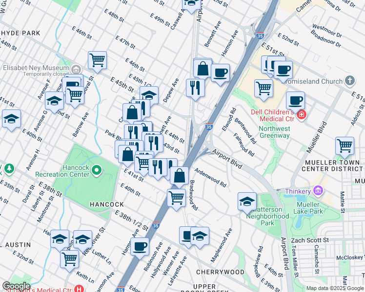 map of restaurants, bars, coffee shops, grocery stores, and more near 1037 East 44th Street in Austin