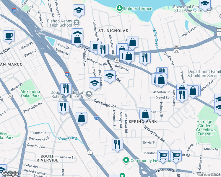 map of restaurants, bars, coffee shops, grocery stores, and more near 2250 Spring Park Road in Jacksonville