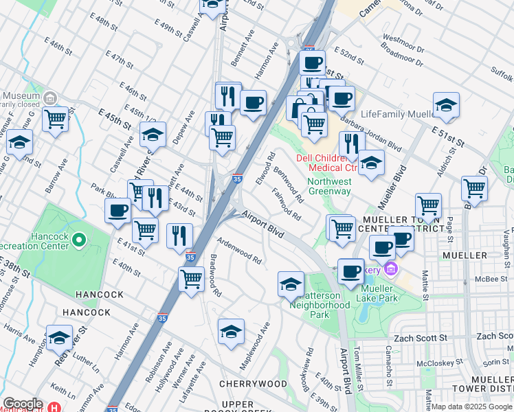 map of restaurants, bars, coffee shops, grocery stores, and more near 4411 Airport Boulevard in Austin