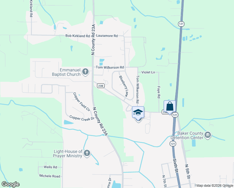 map of restaurants, bars, coffee shops, grocery stores, and more near 5530 Huckleberry Trail East in Macclenny