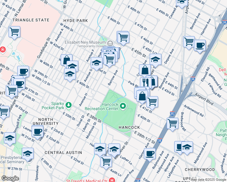 map of restaurants, bars, coffee shops, grocery stores, and more near 701 East 41st Street in Austin