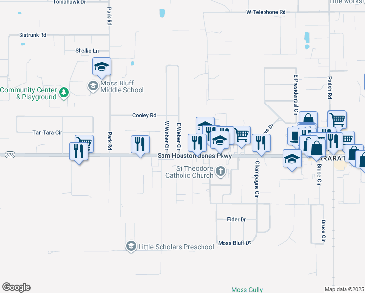map of restaurants, bars, coffee shops, grocery stores, and more near 942 Sam Houston Jones Parkway in Lake Charles