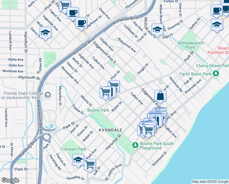 map of restaurants, bars, coffee shops, grocery stores, and more near 1448 Ingleside Avenue in Jacksonville