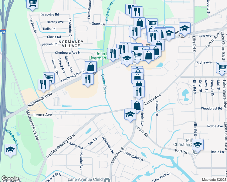 map of restaurants, bars, coffee shops, grocery stores, and more near 6555 Lenox Avenue in Jacksonville