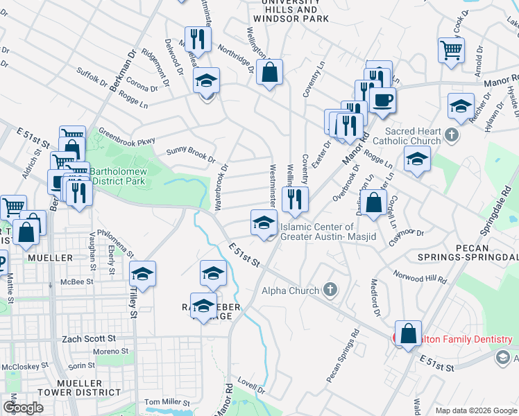 map of restaurants, bars, coffee shops, grocery stores, and more near 5205 Ravensdale Lane in Austin
