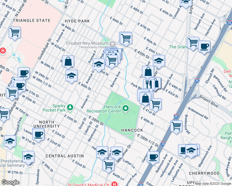 map of restaurants, bars, coffee shops, grocery stores, and more near 701 East 41st Street in Austin