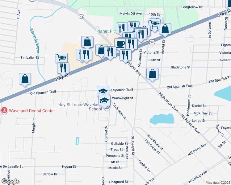 map of restaurants, bars, coffee shops, grocery stores, and more near 420 Old Spanish Trail in Waveland