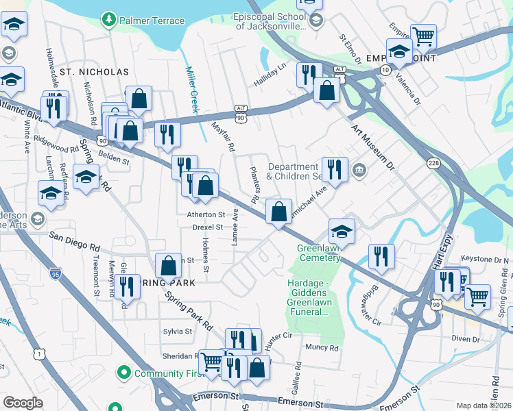 map of restaurants, bars, coffee shops, grocery stores, and more near 1804 Mayfair Road in Jacksonville
