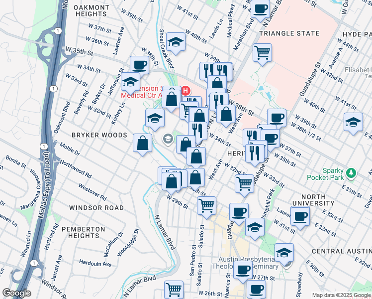 map of restaurants, bars, coffee shops, grocery stores, and more near West 32nd Street in Austin
