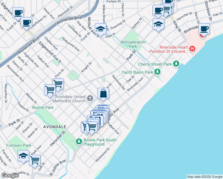 map of restaurants, bars, coffee shops, grocery stores, and more near 1616 Avondale Avenue in Jacksonville