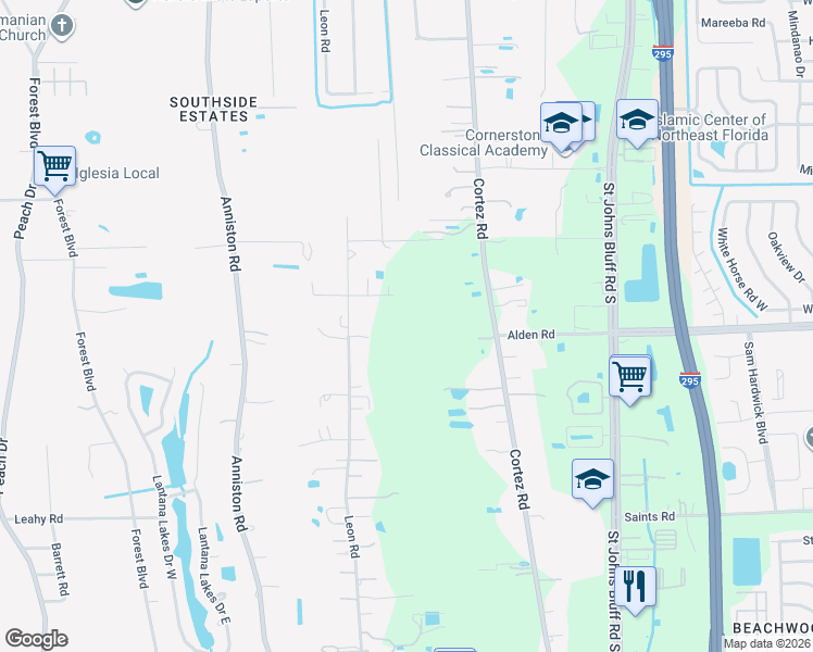 map of restaurants, bars, coffee shops, grocery stores, and more near 10263 Alden Road in Jacksonville