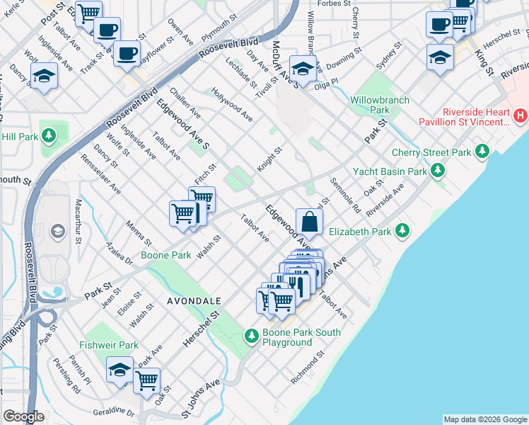 map of restaurants, bars, coffee shops, grocery stores, and more near 3523 Valencia Road in Jacksonville