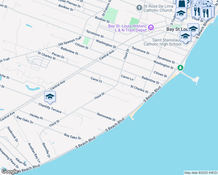 map of restaurants, bars, coffee shops, grocery stores, and more near 102 Carre Court in Bay St. Louis