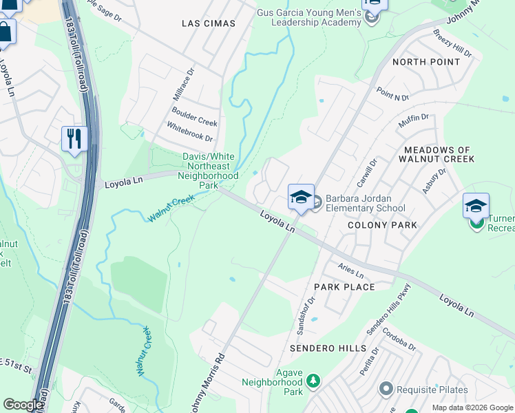 map of restaurants, bars, coffee shops, grocery stores, and more near 6200 Loyola Lane in Austin
