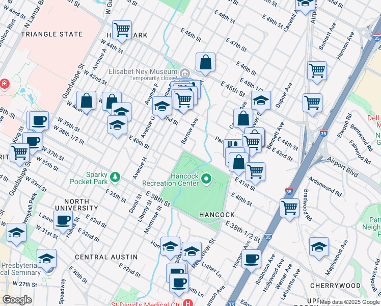 map of restaurants, bars, coffee shops, grocery stores, and more near 513 East 41st Street in Austin